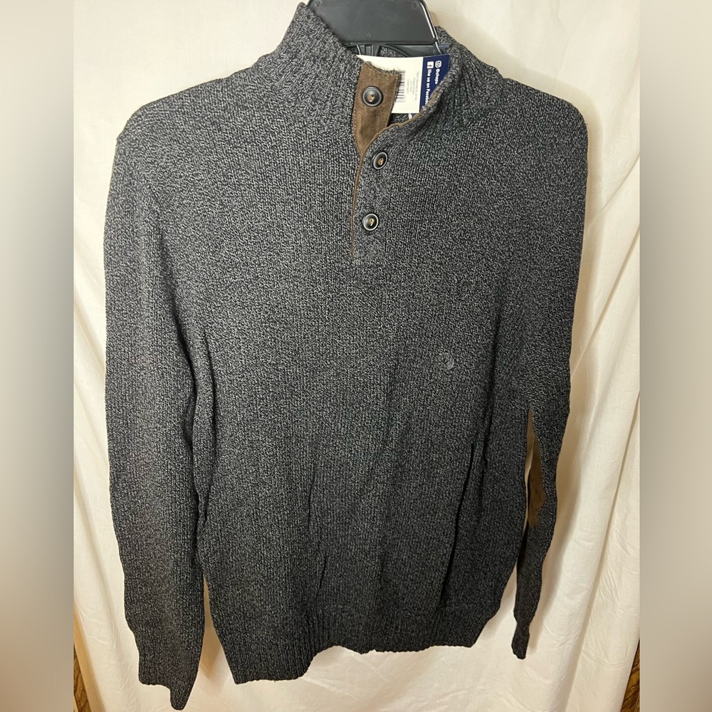 NWT Chaps Grey + Brown Elbow Patch Mock Neck 100% Cotton Men's Pullover Sweater